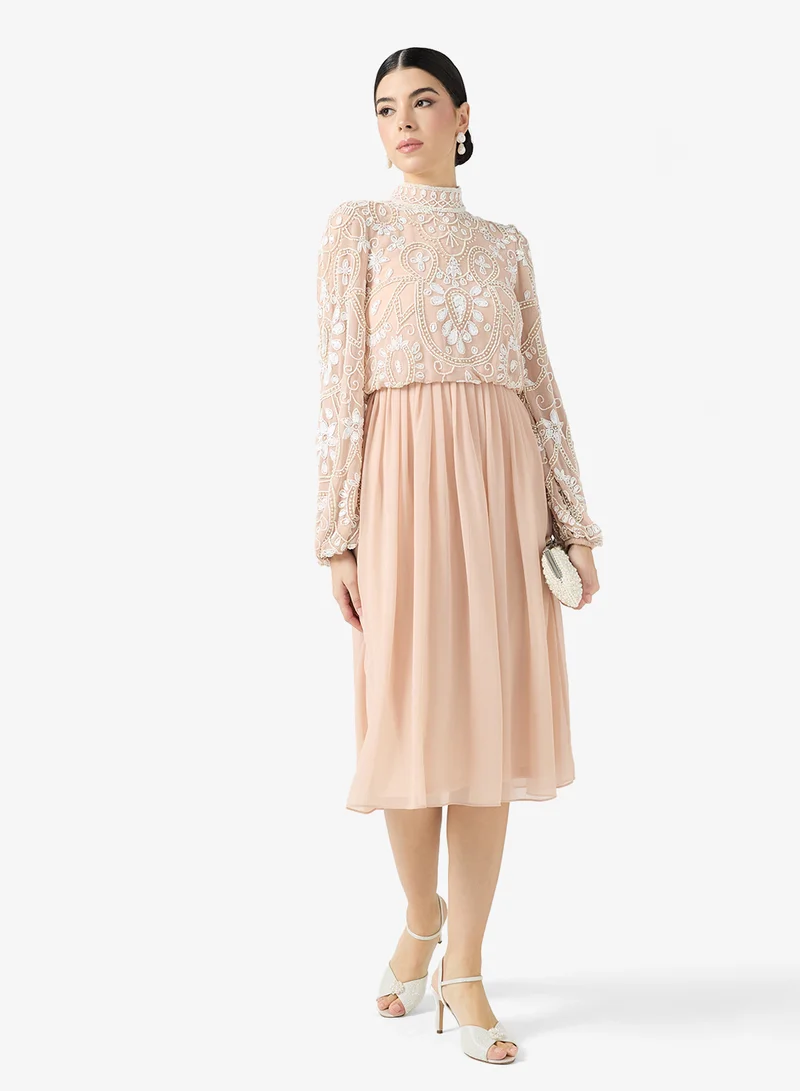 Amelia Rose Embellished Puff Sleeve Midi Dress